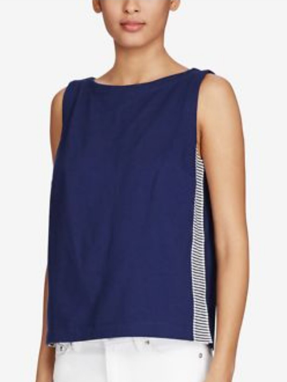 Ralph Lauren Sleeveless 100% Cotton Striped Panel Top, Blue/White, Size XL,Vacay